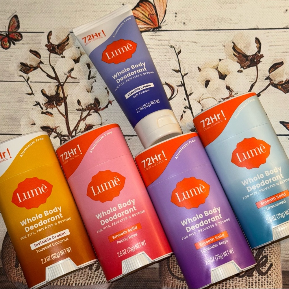 BUNDLE of 5 LUME Whole Body Deodorant-Invisible Cream Stick +one Cream Tube
